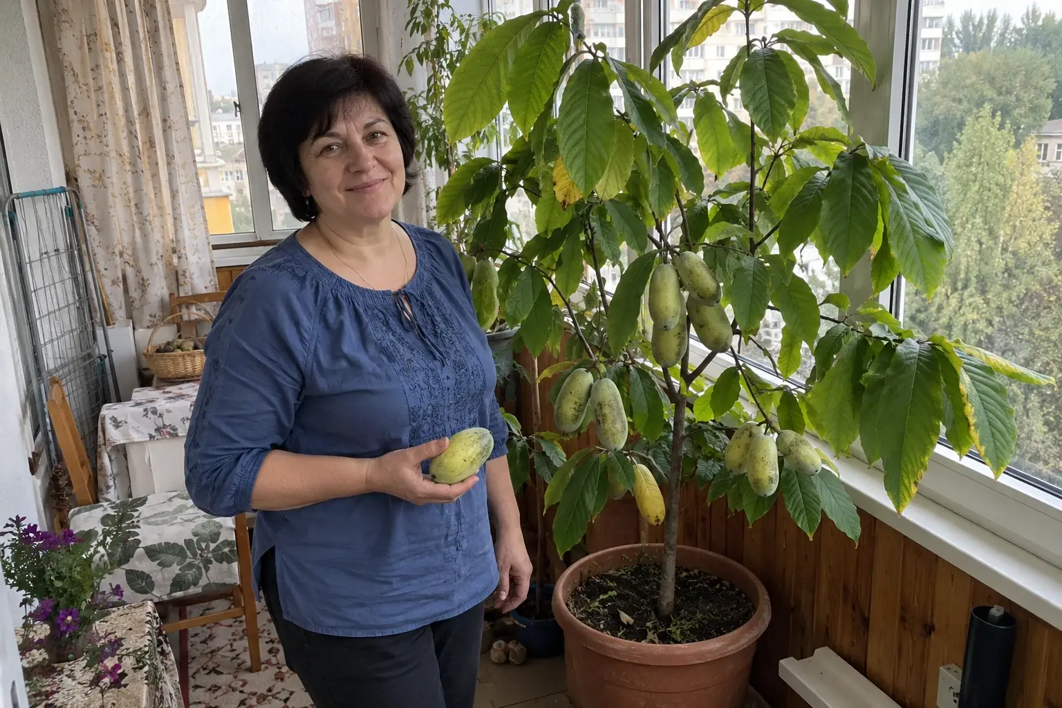Жінка на лоджії тримає стиглий плід азиміни біля дерева в діжці